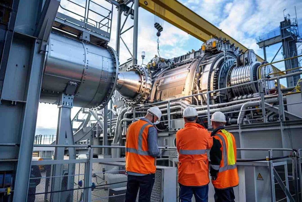 3 engineers observing non-rotational loosening turboreactor