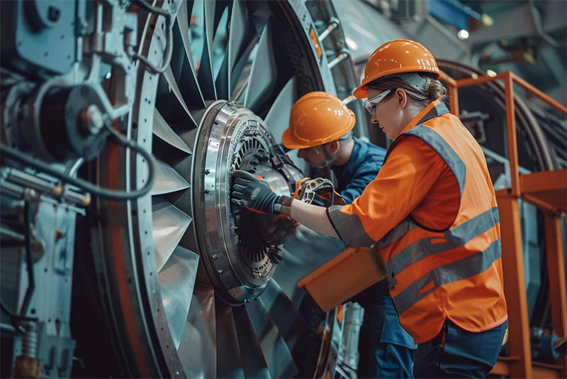 Dos operarios diagnostican un problema de apriete de tornillos en un ensamblaje atornillado de tipo turborreactor con un dispositivo TRAXX-M2. Vista lateral.